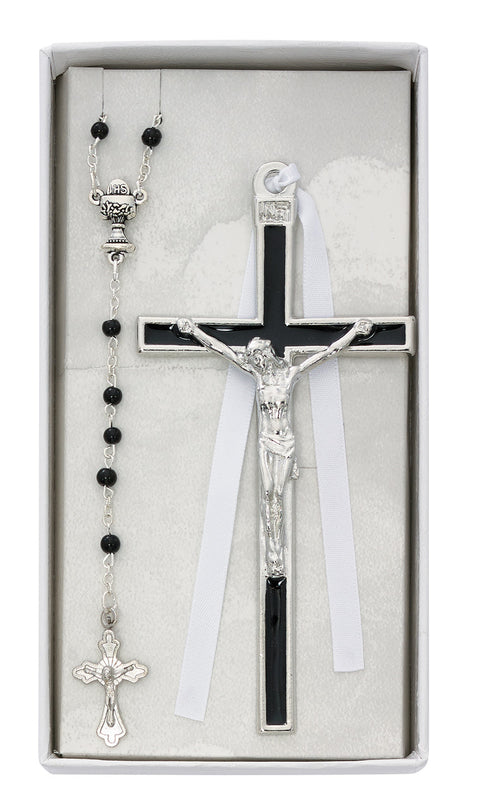 CBS4  5" BLACK ENAMELED CRUCIFIX WITH BLACK GLASS COMMUNION ROSARY