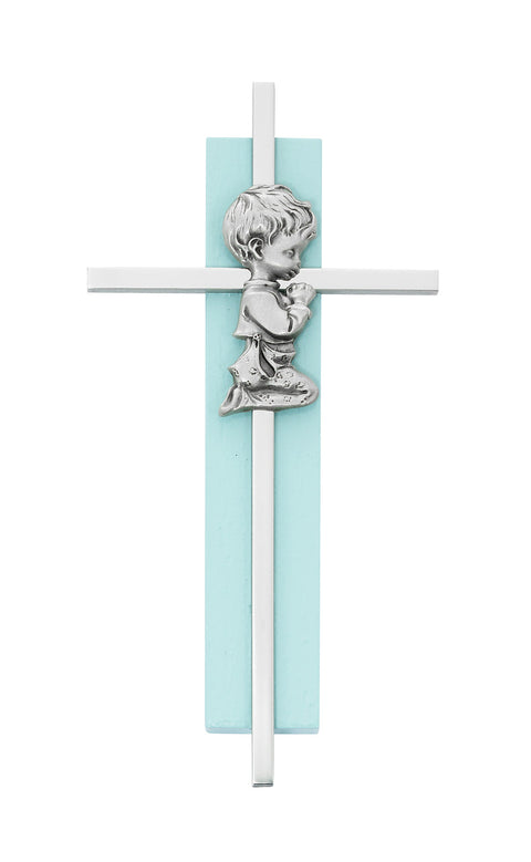 6" SILVER CROSS ON BLUE WOOD