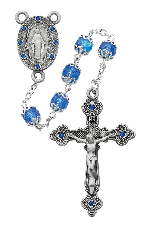 R607DF  PEWETER  CAPPED  BLUE STONE ROSARY