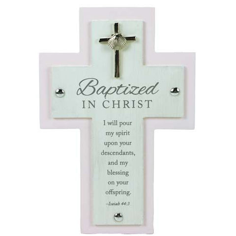 Pink Baptized in Christ Cross W/Easel & Hanger