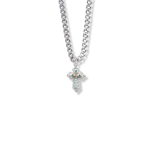7/8 Sterling Silver Enameled Rose Filigree Cross Necklace