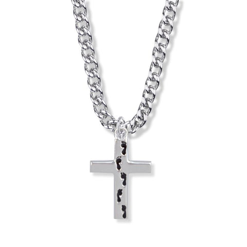 1-1/8 Inch Sterling Silver Footprints Prayer Cross Necklace