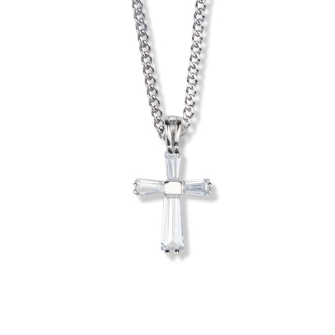 15/16 Inch Sterling Silver Crystal Cubic Zirconia Baguette Cross Necklace