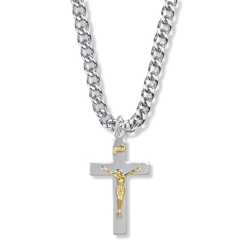 15/16 Inch Two-Tone Sterling Silver Polished Crucifix Necklace