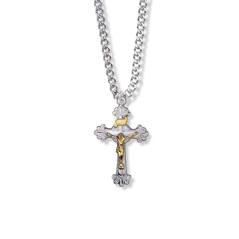 1-1/8 Inch Two-Tone Sterling Silver Budded Ends Crucifix Necklace