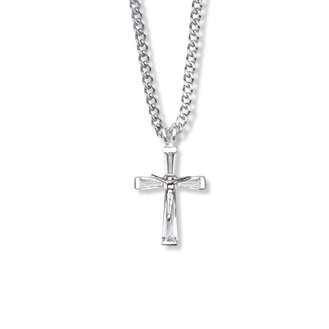 1-1/8 Inch Sterling Silver Crystal Baguette with Polished Ends Crucifix Necklace