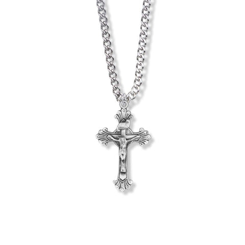 1-1/8 Inch Sterling Silver Budded Ends with Engraved Accents Crucifix Necklace