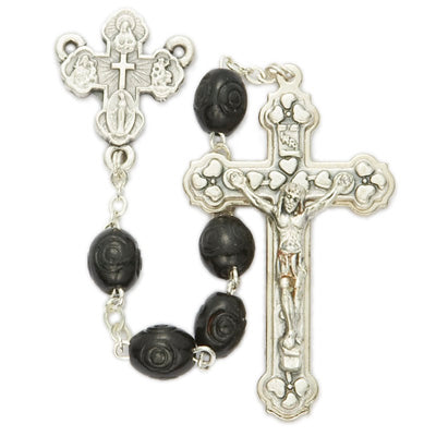 6mm Carved Black Wood Beads and Four Way Center Rosary
